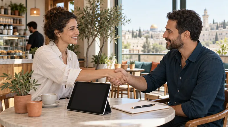 בעלת עסק ולקוח לוחצים ידיים ליד שולחן בבית קפה, עם טאבלט ופנקס