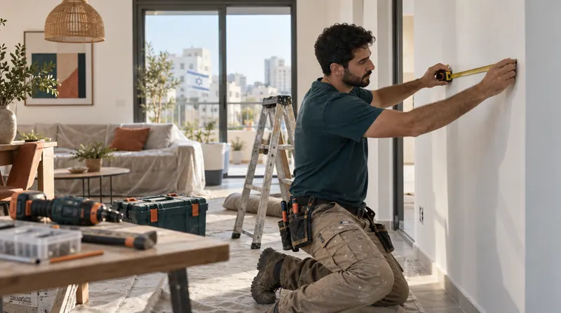 בעל מקצוע מודד קיר בסרט מדידה בדירה בשיפוץ, עם כלי עבודה סביבו